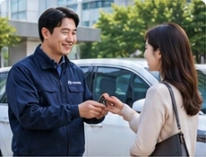 고객에게 차량 열쇠를 전달하는 기사